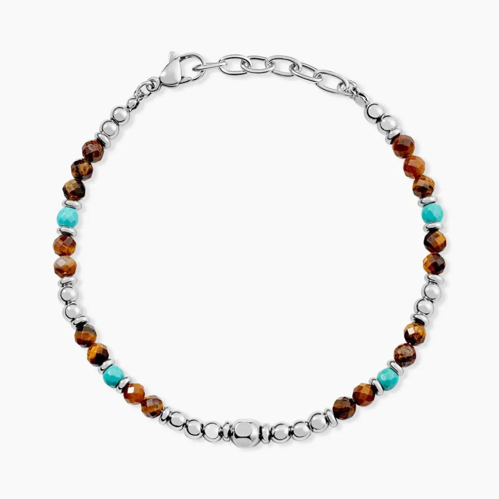 Bracelet Naturel Acier Blanc Oeil De Tigre Turquoise