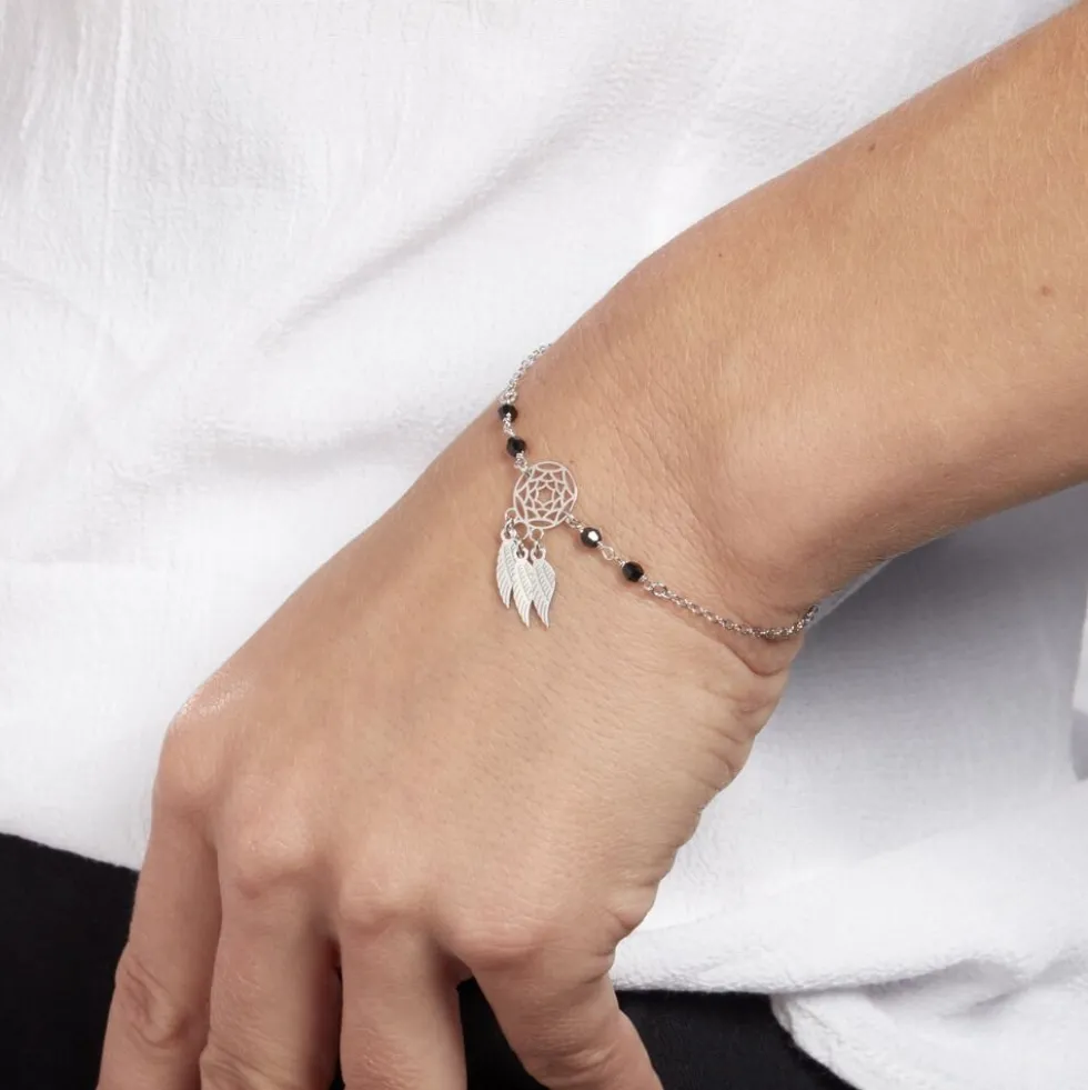 Bracelet Dream Catcher Argent Blanc Pierre De Synthese