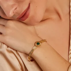 Bracelet Jonc Athena Acier Doré Malachite