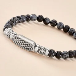 Bracelet Philo Acier Blanc Obsidienne Pierre De Lave