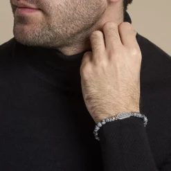 Bracelet Philo Acier Blanc Obsidienne Pierre De Lave