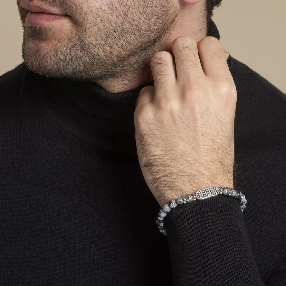 Bracelet Philo Acier Blanc Obsidienne Pierre De Lave