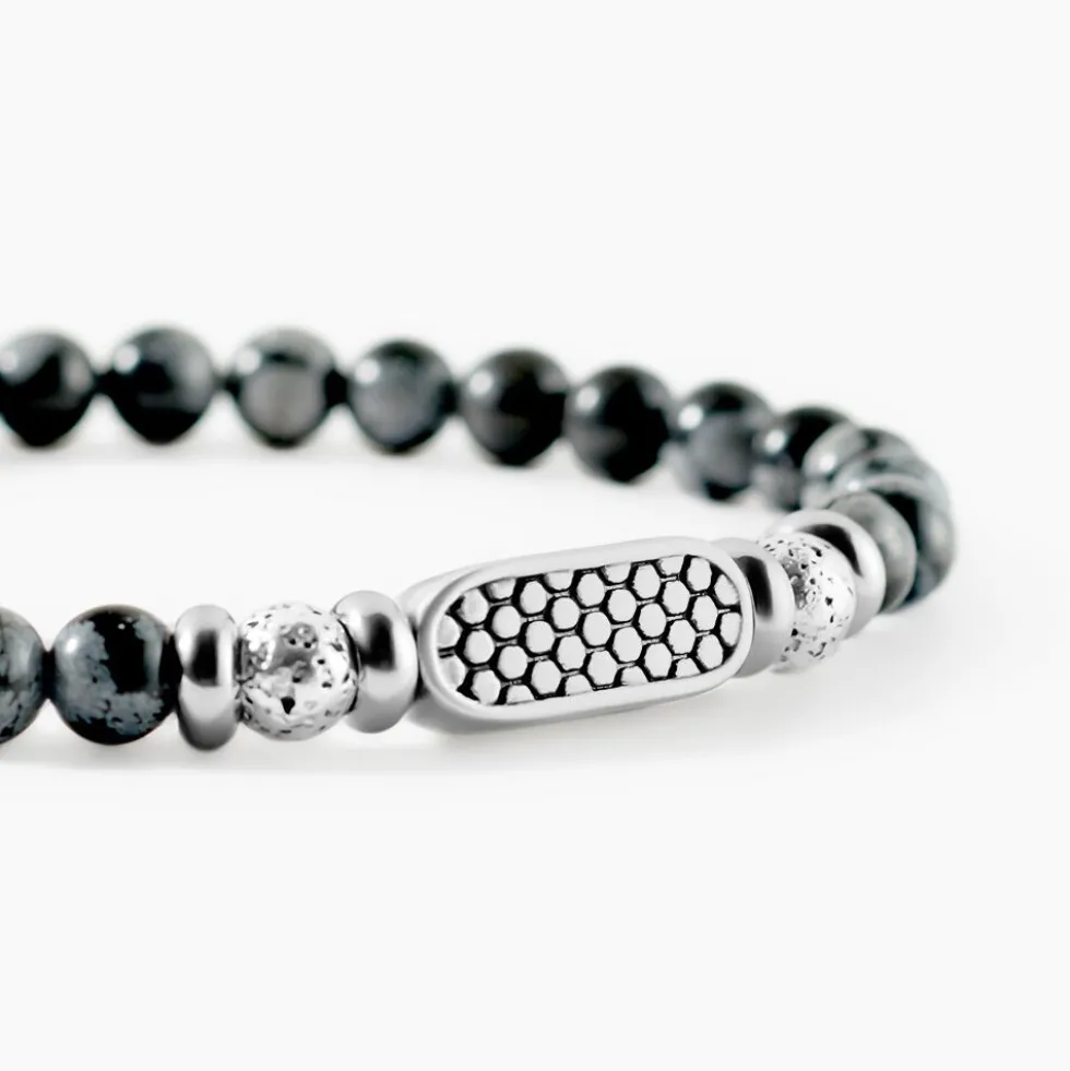 Bracelet Philo Acier Blanc Obsidienne Pierre De Lave
