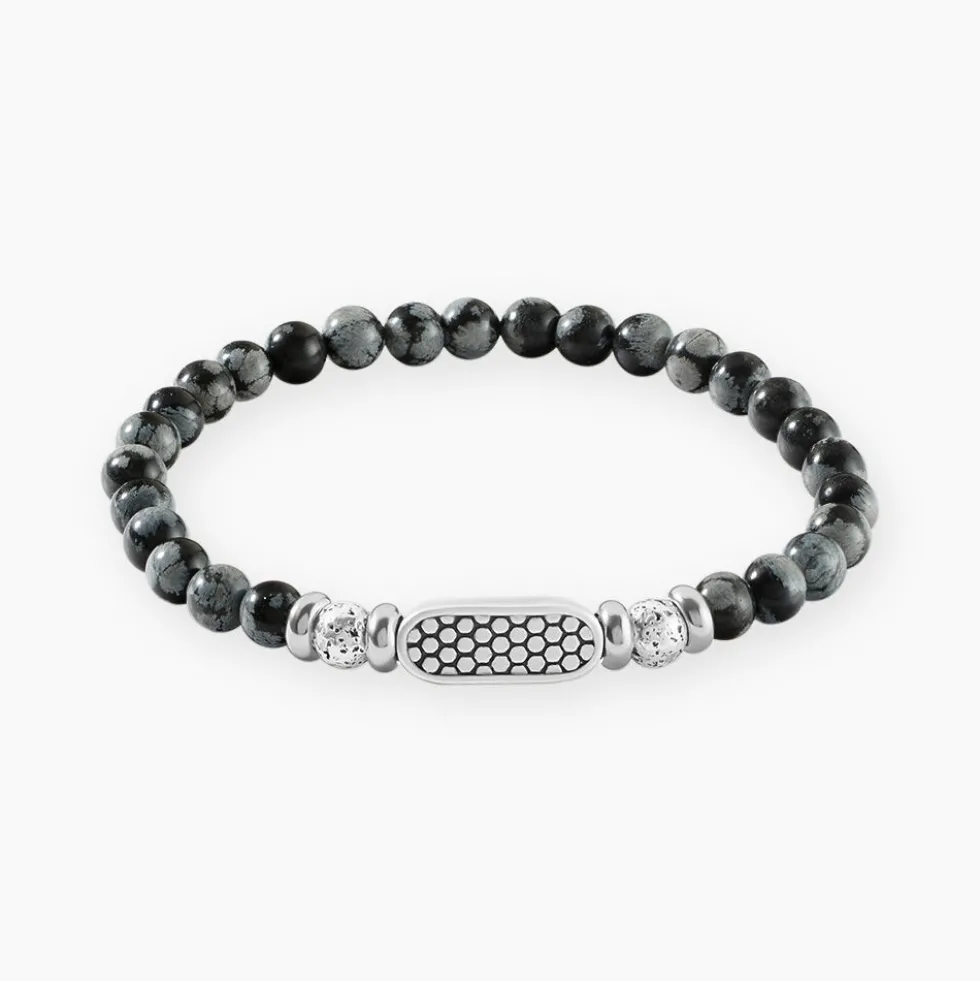 Bracelet Philo Acier Blanc Obsidienne Pierre De Lave