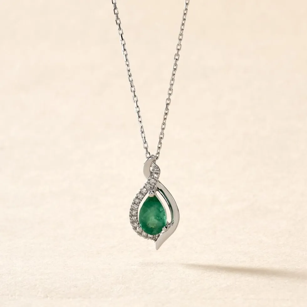 Collier Angelika Or Blanc Emeraude Et Diamant