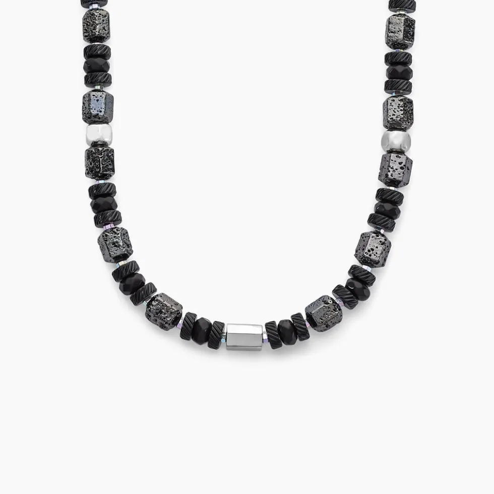 Collier Dark Pearl Acier Bicolore Pierre De Lave Hématite
