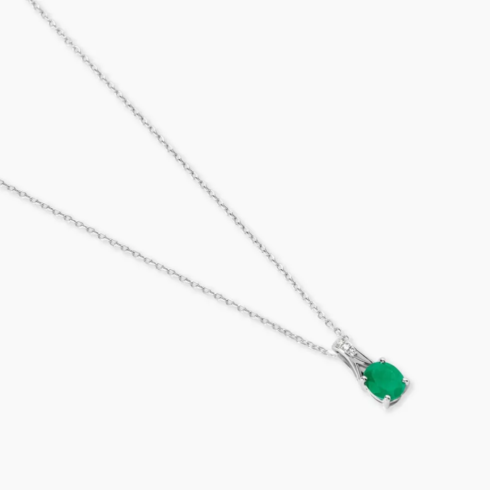 Collier Charmante Or Blanc Emeraude Et Diamant