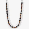 Collier Jourdan Bengale Acier Argenté Oeil De Tigre Pierre De Lave