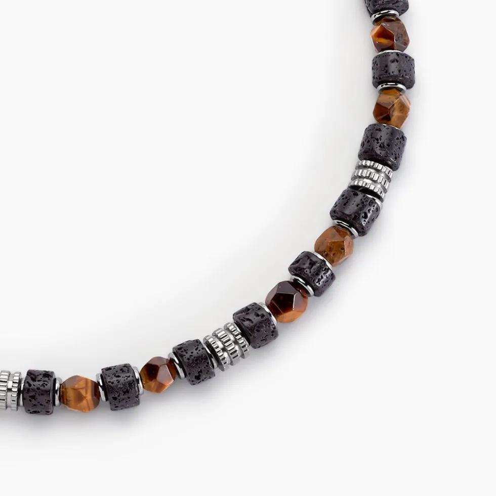 Collier Jourdan Bengale Acier Argenté Oeil De Tigre Pierre De Lave