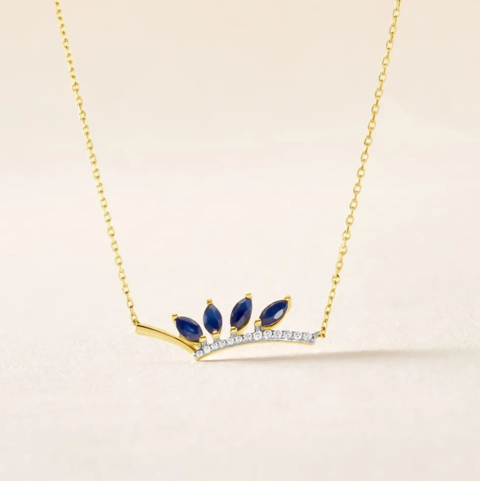 Collier Navette Or Jaune Saphir Diamant