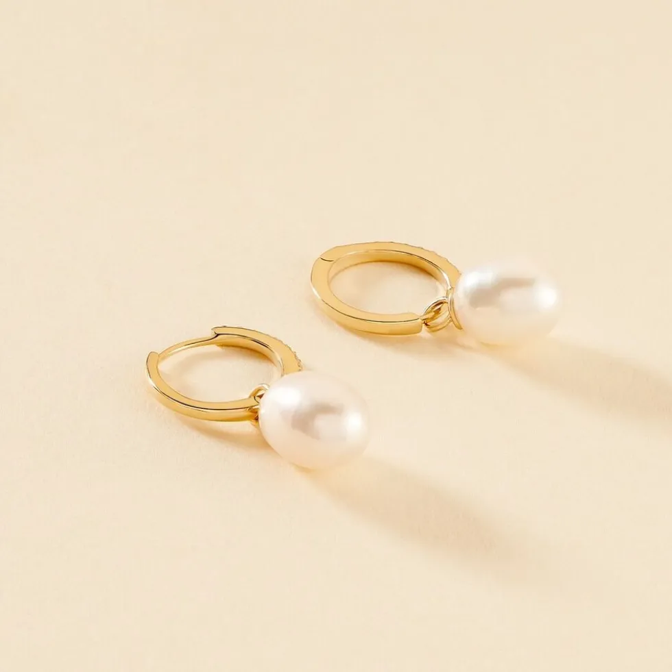 Créoles Anes Poire Or Jaune Perle De Culture Et Oxyde De Zirconium