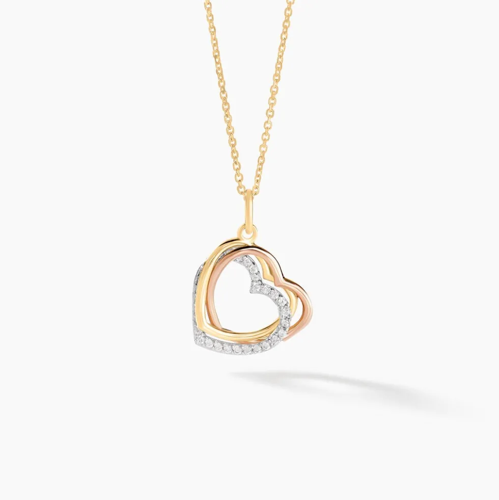 Pendentif Coeur Penche Double Or Tricolore Oxyde De Zirconium