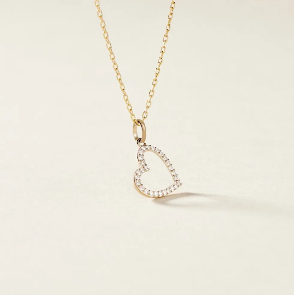 Pendentif Coeur Penche Or Jaune Oxyde De Zirconium
