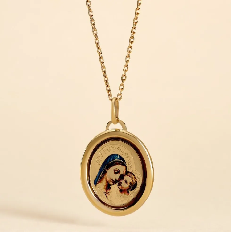 Pendentif Maryame Vierge A L'enfant Ovale Or Jaune